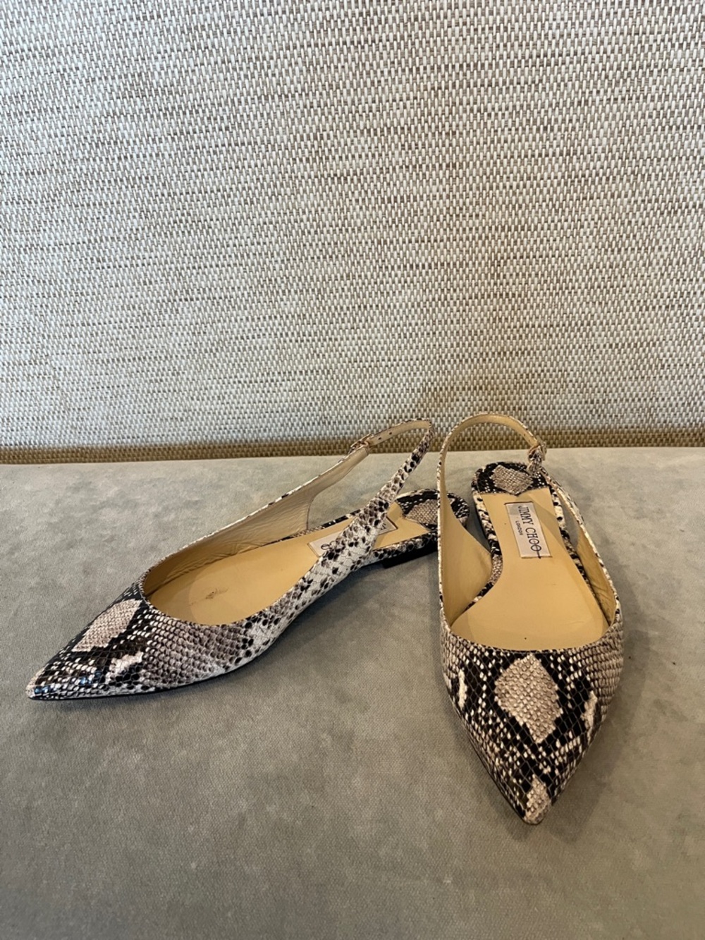 Jimmy Choo Beige and Black Snake-Print Pointed Slingbacks